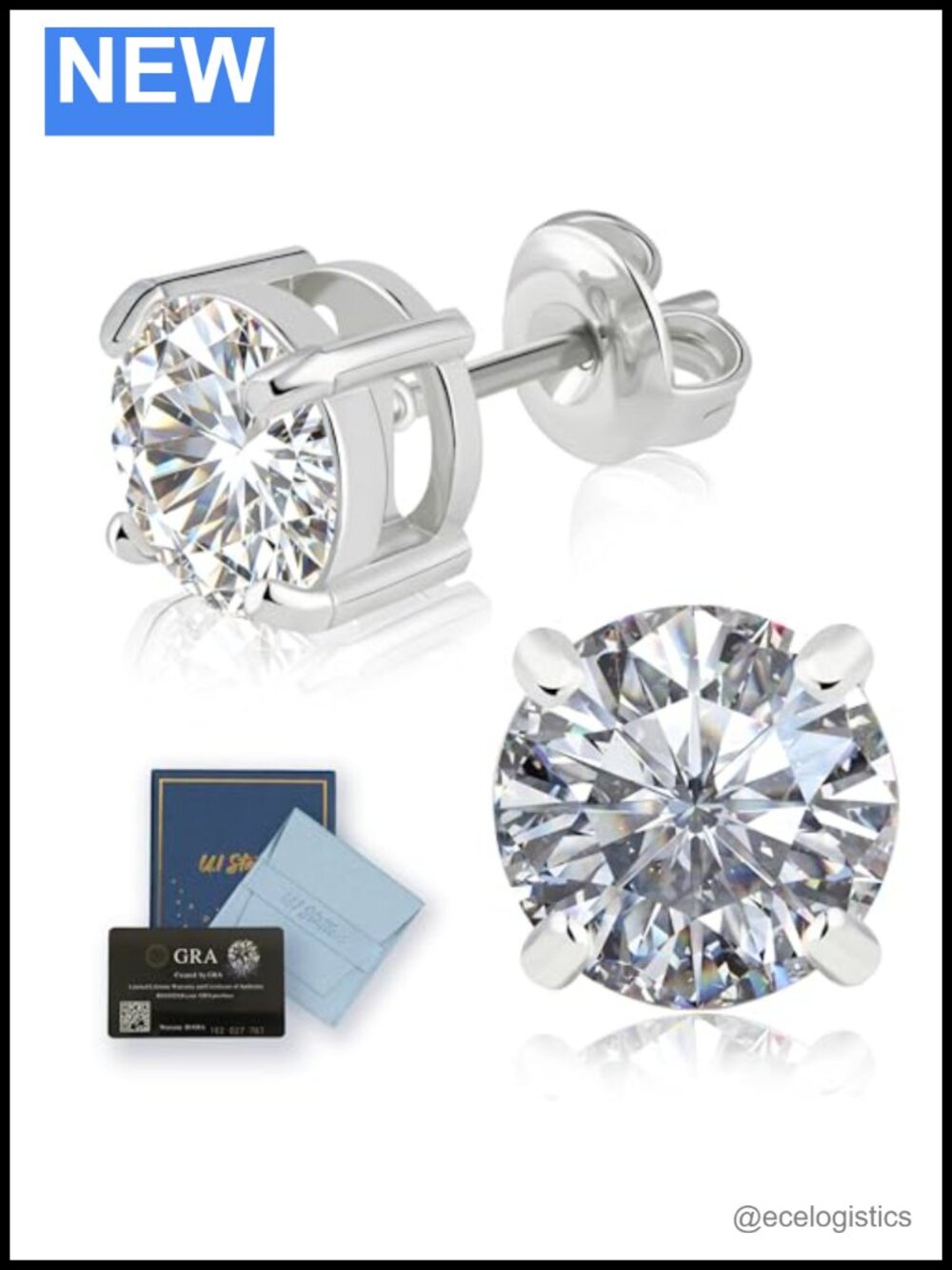 Moissanite Stud Earrings Gold Plated Titanium Unisex Round Cut Piercing